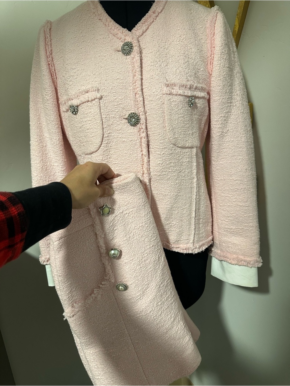 Zara Light Pink Bouclé Blazer with Decorative Silver Buttons